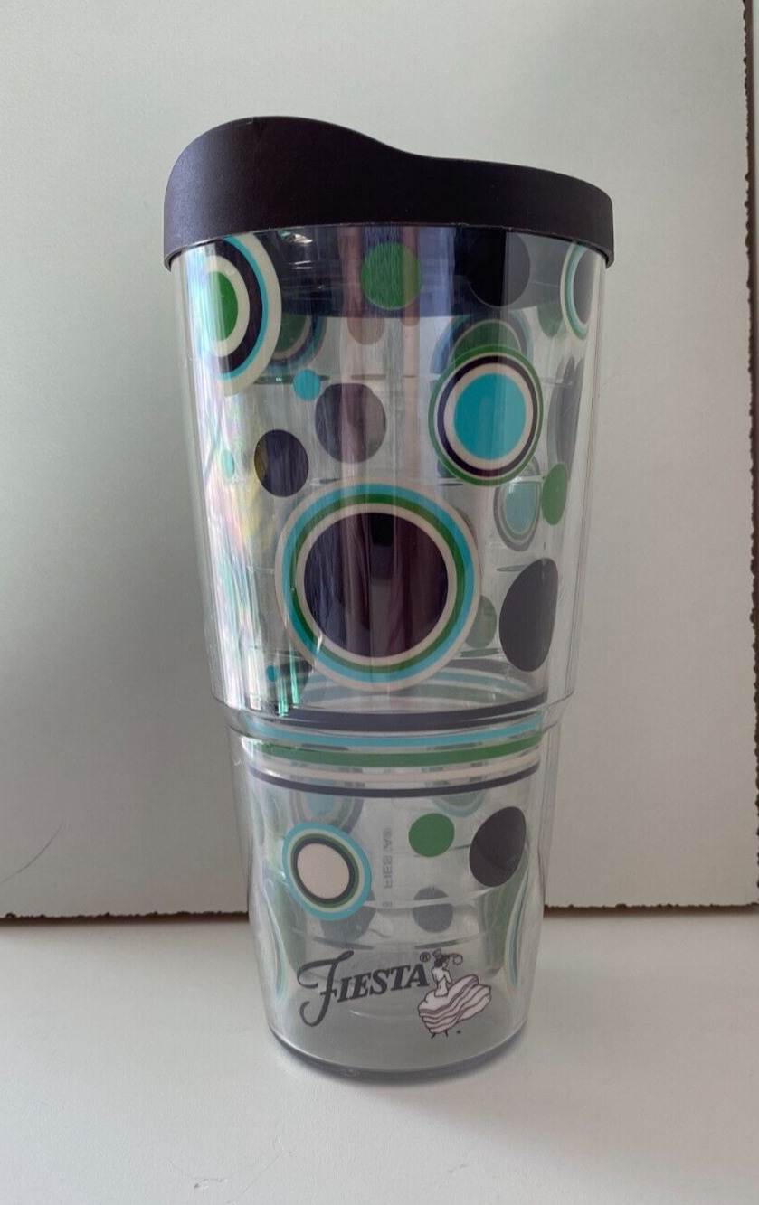 TERVIS Fiesta Cool Dots Brown Green With Lid 16 oz Insulated Tumbler EUC